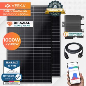 Balkonkraftwerk 1000/600+800W upgradefähig Bifazial Photovoltaik Solaranlage WIFI Smarte Mini-PV Anlage