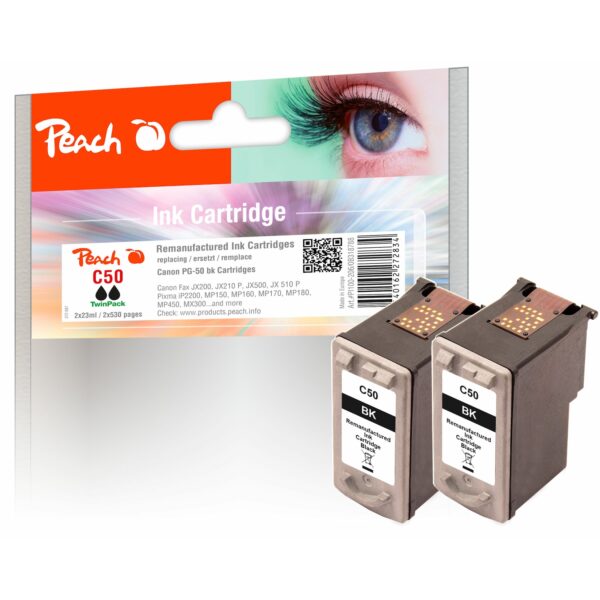 Peach C50 BK 2 Druckköpfe XL 2*bk ersetzt Canon PG-50BK*2