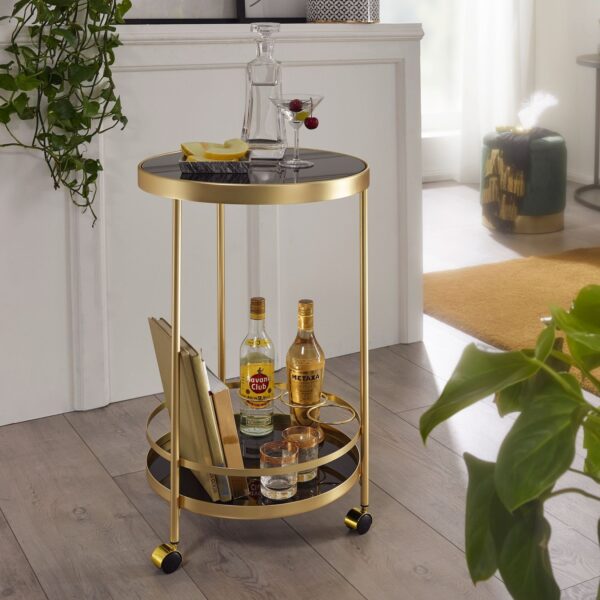 FineBuy Servierwagen Gold Beistelltisch auf Rollen Glas Speisewagen Rund Ø 45 cm