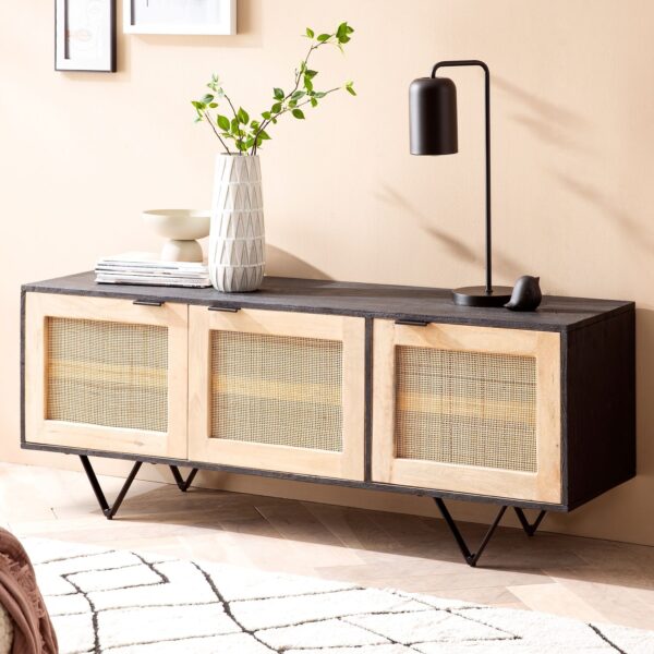 Sideboard FineBuy Anrichte 145x55x40 cm Massivholz Rattan Kommodenschrank Modern