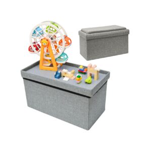 Kinder Aufbewahrungsbox mit Bauplatte - 53x27x30 Sitzbank - Baustein Spieltisch