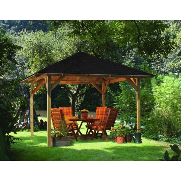 CHILLROI Quadratischer Holzpavillon  289 x 289 cm SET mit Dachschindeln   Gartenpavillon   Terrassenüberdachung