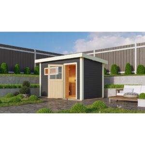 Karibu Saunahaus "Ondo" 1 SET terragrau mit Ofen 9 kW Bio ext. Strg