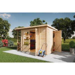 Karibu Gartenhaus 19 mm Multi Pultdach mit Schrank und Anbaudach naturbelassen inkl. Fußboden & Dacheindeckung