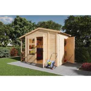 Karibu Gartenhaus 19mm Multi Satteldach mit Schrank und Anbaudach naturbelassen inkl. Fußboden & Dacheindeckung  en