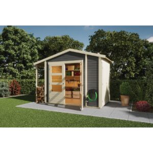 Karibu Gartenhaus 19mm Multi Satteldach mit Schrank und Anbaudach terragrau inkl. Fußboden & Dacheindeckung