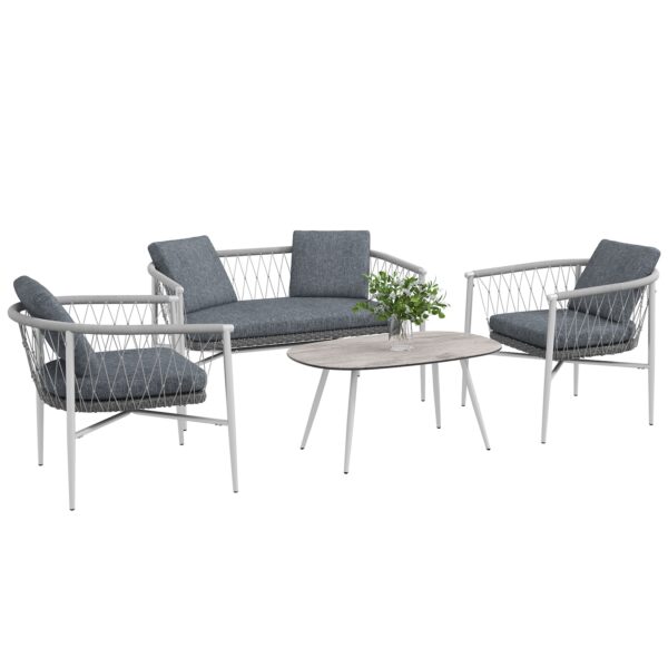 Outsunny Flecht Gartenmöbel-Set mit Polsterkissen grau 121L x 68B x 67H cm