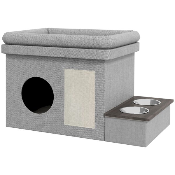 PawHut Katzenhaus mit Futternapf und Liegedach grau 78L x 48B x 49