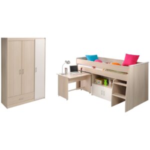 Kinderzimmer Charly 6 Parisot 2-tlg Hochbett + Schreibtisch + Kommode + Kleiderschrank beige - weiß