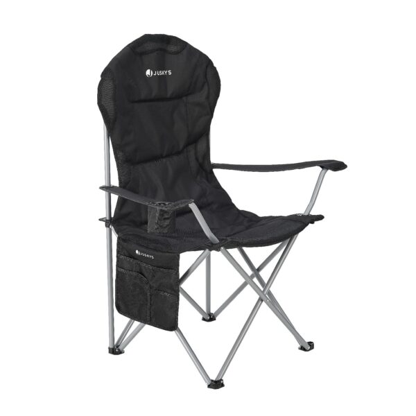 Juskys Campingstuhl Lido mit Getränkehalter & Tasche - Camping Klappstuhl gepolstert - Stuhl Schwarz