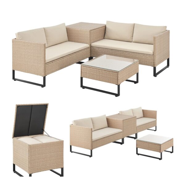 Juskys Polyrattan Lounge Santorini - Outdoor Sitzecke mit Beistelltisch & Auflagenbox - Creme