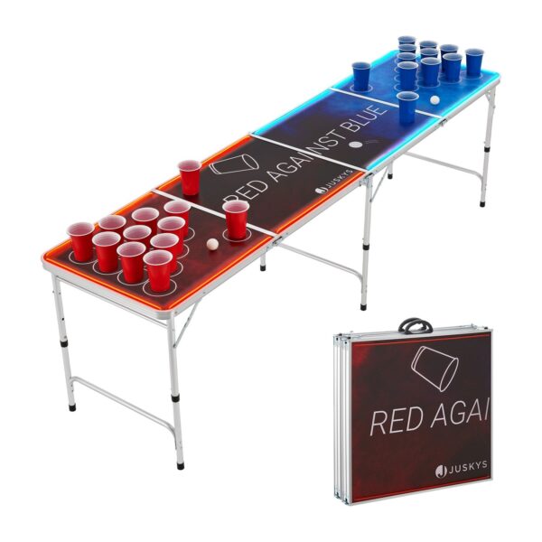 Juskys Beer Pong Tisch Red vs. Blue mit Beleuchtung  - Bier Trinkspiel Set Becher Bälle - Rot