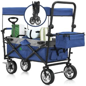 Juskys Bollerwagen mit Dach & Tasche - Wagen bis 120 kg belastbar - Handwagen faltbar - Blau / Grau