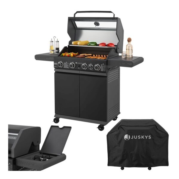 Juskys BBQ Gasgrill Savannah - 4 Brenner & 1 Seitenbrenner - Stahl Grill mit Gusseisen Grillrost