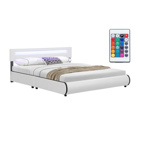 Juskys Polsterbett Sevilla 180x200 cm – Bett mit LED Beleuchtung & Lattenrost – Doppelbett weiß