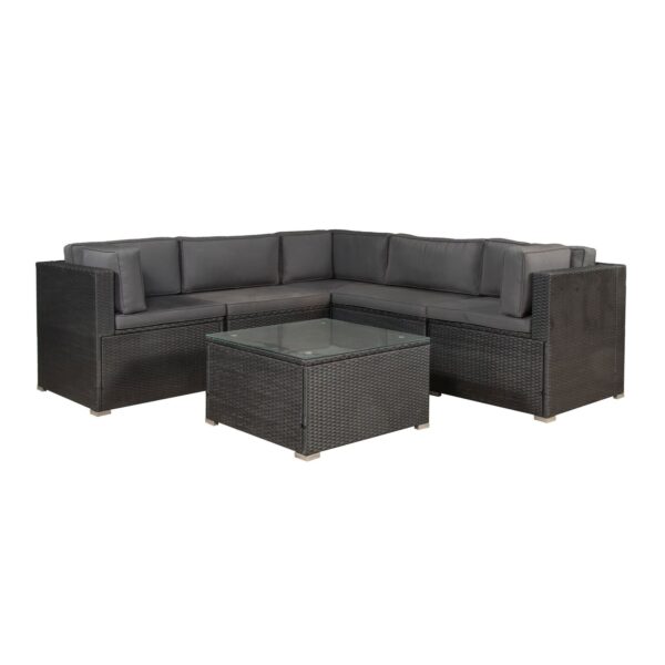 Juskys Polyrattan Lounge Nassau schwarz für 5 Personen mit Ecksofa & Tisch – Bezüge Dunkelgrau