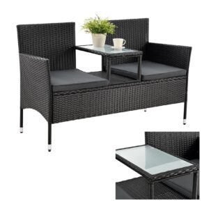 Juskys Polyrattan Gartenbank Monaco schwarz - 2-Sitzer Bank mit Tisch & Kissen - 133×63×84 cm