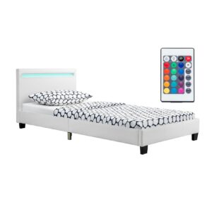 Juskys Polsterbett Verona 90 x 200 cm weiß – Bettgestell inkl. LED-Beleuchtung & Lattenrost