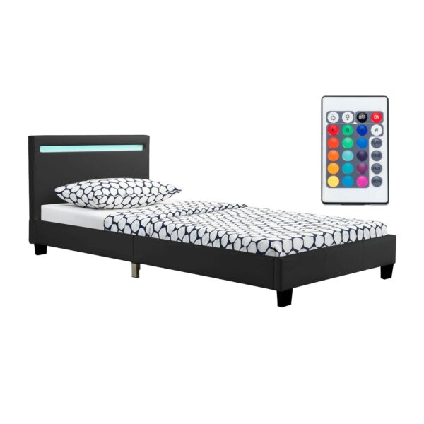 Juskys Polsterbett Verona 90x200 cm schwarz mit Matratze – Einzelbett + LED-Beleuchtung & Lattenrost