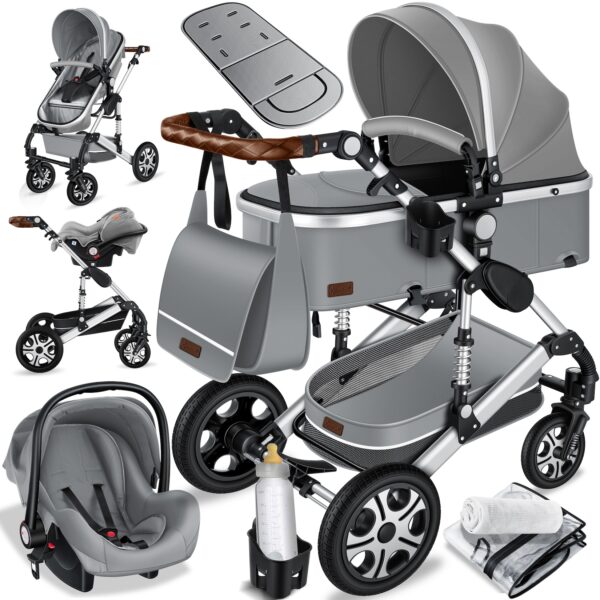 KESSER® Loops 3 in 1 Kinderwagen Kombikinderwagen Komplettset incl. Babywanne & Buggy Sportsitz & Auto-Babyschale - Voll-Gummireifen - Wickeltasche/Regenschutz/Kindertisch Set