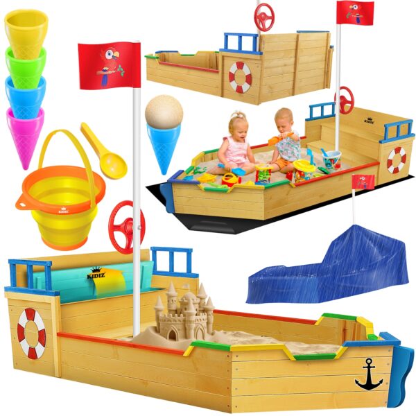 KIDIZ® Sandkasten Ahoi - Piratenschiff Boot Segelschiff aus Holz Inkl. Abdeckung