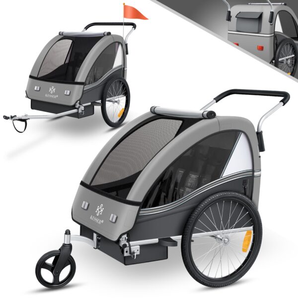 KESSER® Kinderanhänger Fahrradanhänger Sport-RX 2 in 1 Joggerfunktion Kinderfahrradanhänger + 5-Punkt Sicherheitsgurt 360°-Vorderrad Jogger Buggy Fahrrad Anhänger für 1 bis 2 Kinder max. 40kg