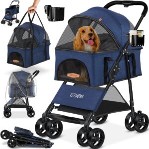 LOVPET® Hundewagen 2in1 Hundebuggy Hundebox Transporttasche Faltbar klappbar bis 20 kg Haustiere Buggy mit Netzfenstern & Regenschutzabdeckung Jogger Katzenbuggy für kleine Hunde Katzen