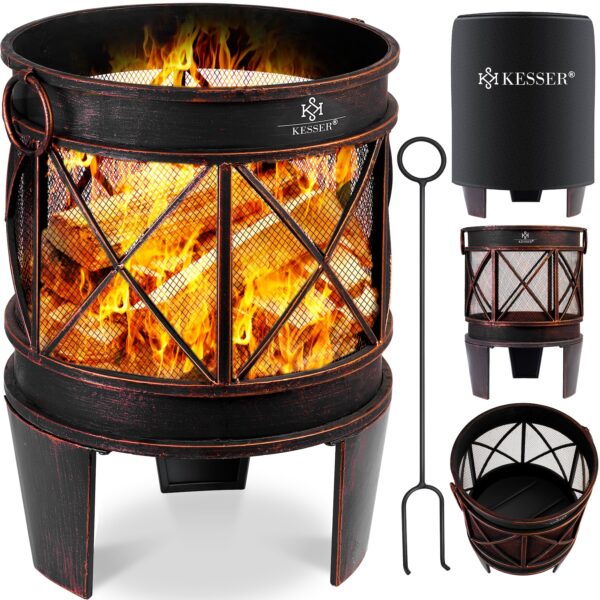 KESSER® Feuerschale Inkl. Abdeckung Feuerkorb mit Funkenschutz & Griffen + Schürhaken Feuerstelle 58 x 45 cm für Garten & Terrasse Metall Antik-Rost-Optik Multifunktional Fire Pit Heizung BBQ