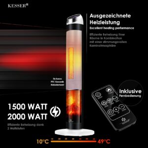 KESSER® Turmheizstrahler 2000W Heizstrahler Standheizstrahler Keramik mit Fernbedienung Timer Kamineffekt