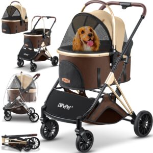 LOVPET® Hundewagen 3in1 Hundebuggy Hundebox Transporttasche 360° Große Räder Faltbar klappbar Haustiere Buggy mit Netzfenstern & Regenschutzabdeckung Jogger Katzenbuggy für kleine Hunde Katzen