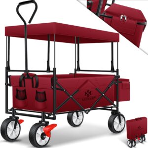 KESSER® Bollerwagen faltbar mit Dach Handwagen Transportkarre Gerätewagen   inkl. 2 Netztaschen und Einer Außentasche   klappbar   Vollgummi-Reifen   bis 100 kg Tragkraft   Mit Vorderrad-Bremse