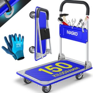 MASKO® Plattformwagen Transportwagen Lagerwagen Klappbar Inkl. Arbeitshandschuhe   Feststellbremse Transporthilfe   Mit 6 Sicherungsösen   360° Lenkrollen   Paketwagen Klappwagen