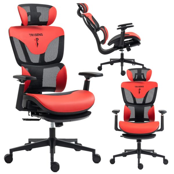 Bürostuhl in modernem Racing-Design - ergonomischer Gaming Schreibtischstuhl mit Nacken- und Lordosenstütze - komfortabler Gaming Stuhl mit atmungsaktiver Netzrückenlehne und Wippfunktion