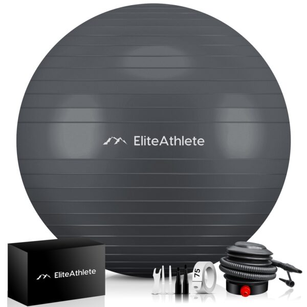 EliteAthlete® Gymnastikball Sitzball Büro ergonomisch mit Anti Burst System - Fitness Yoga Pilates Schwangerschaft - Schwangerschaftsball Fitnessball Yogaball - Yoga Ball inkl. Luftpumpe - Grey 65cm