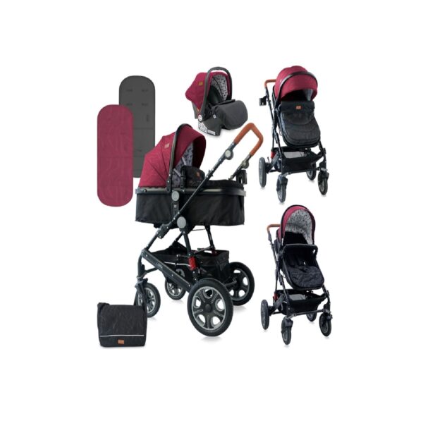 Lorelli Kombikinderwagen Lora 3 in 1 Autositz Tragetasche Sportsitz Fußabdeckung in schwarz/rot