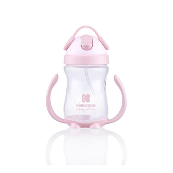 Kikkaboo Trinklernbecher 300ml mit Strohhalm Schnabeltasse Griffe Schutzdeckel rosa