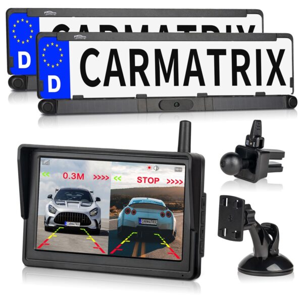 CARMATRIX Duo Solar Rückfahrsystem HD Rückfahrkamera im Nummernschild mit PDC Sensoren für Vorne und Hinten