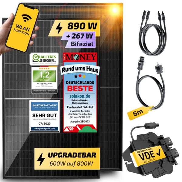 Balkonkraftwerk 890W / 600W Solaranlage Steckerfertig WIFI Komplettset Photovoltaik Anlage 600W/800W