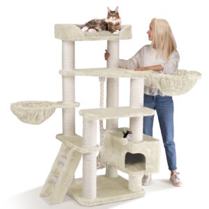 HAPPYPET Kratzbaum Massiv XL Katzenbaum stabil 156 cm Kletterbaum Groß   Creme