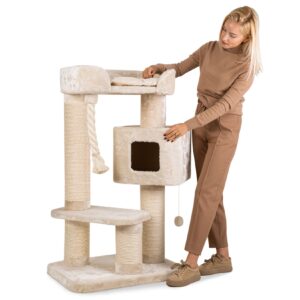 HAPPYPET Kratzbaum Stabil 118 cm Sisal Kletterbaum Katzenbaum   Creme