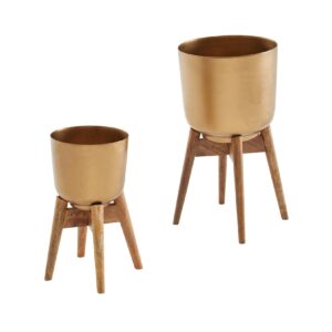 KADIMA DESIGN Alu-und-Holz Pflanzenkübel Set in Gold/Braun