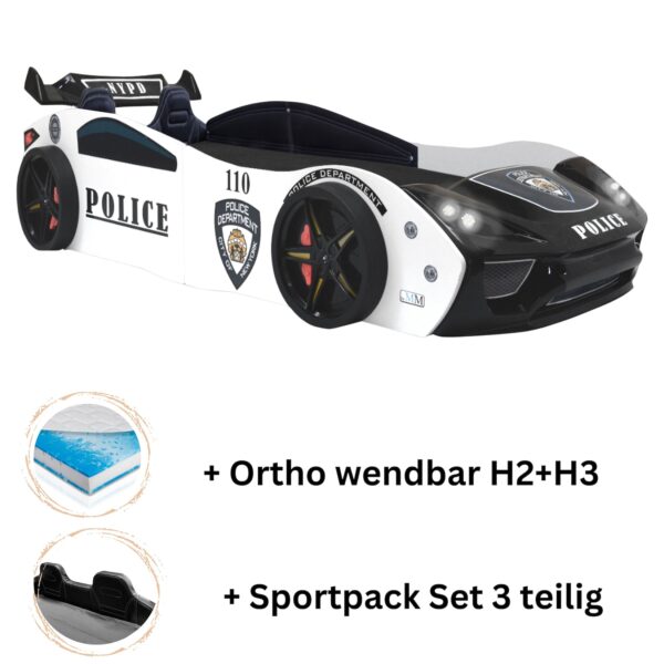 Autobett "Police" + Sportsitze Spielbett für Kinder 90x200 inkl. Lattenrost und Ortho wendbar H2+H3 Matratze