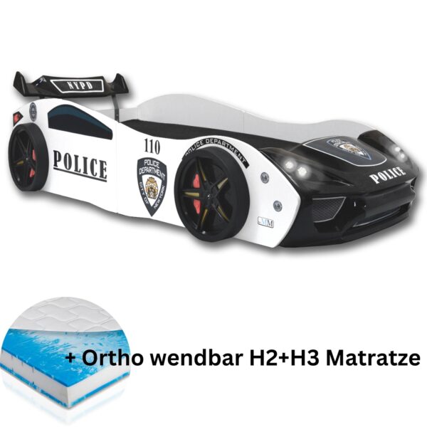 Autobett "Police" Spielbett für Kinder 90x200 inkl. Lattenrost und Ortho wendbar H2+H3 Matratze