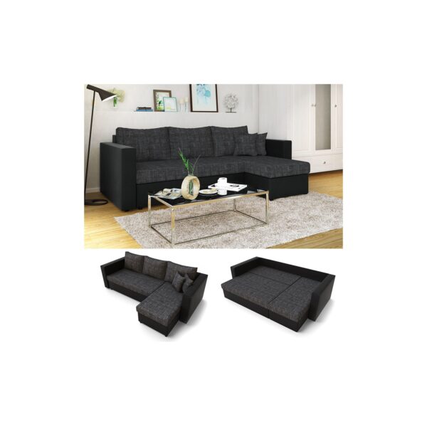 Vicco Ecksofa mit Schlaffunktion Sofa Couch Schlafsofa Bettfunktion Taschenfederkern Grau Schwarz