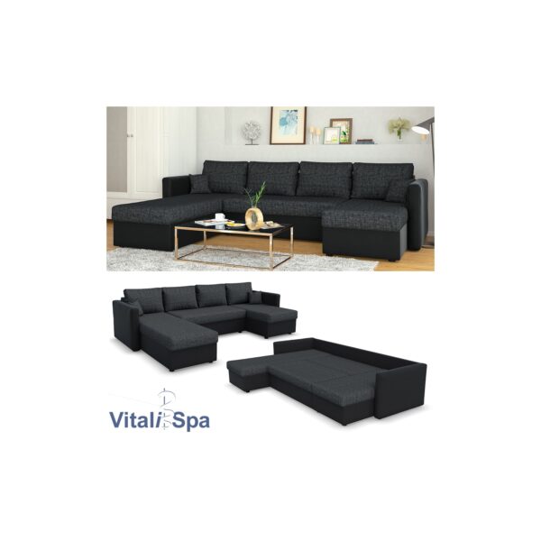 VICCO XXL Ecksofa mit Schlaffunktion Schwarz - Couch Ecksofa Schlafsofa Taschenfederkern Polstereck