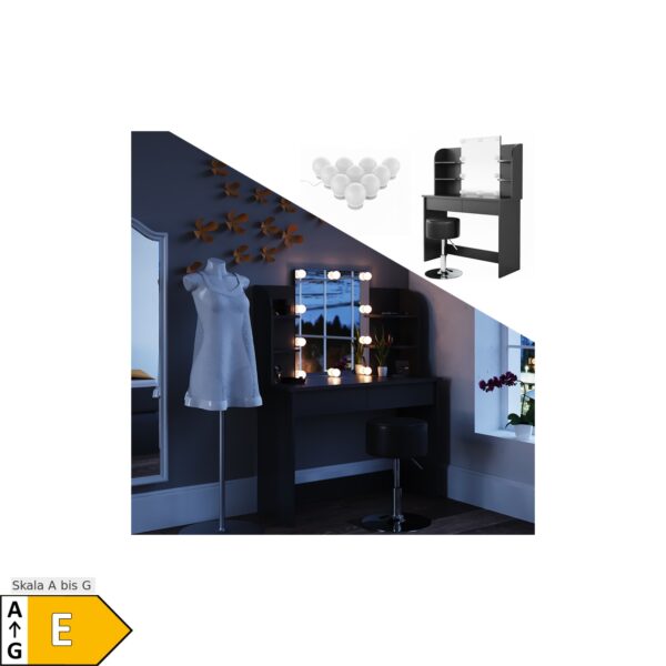 Vicco Schminktisch Charlotte Frisiertisch Kommode Frisierkommode Spiegel Schwarz inklusive Hocker und LED-Lichterkette