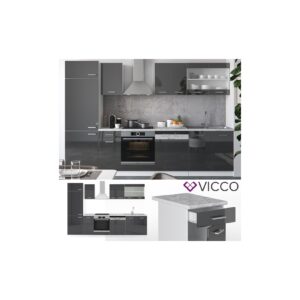 VICCO KÜCHE R-LINE 300CM KÜCHENZEILE KÜCHENBLOCK EINBAUKÜCHE ANTHRAZIT HOCHGLANZ