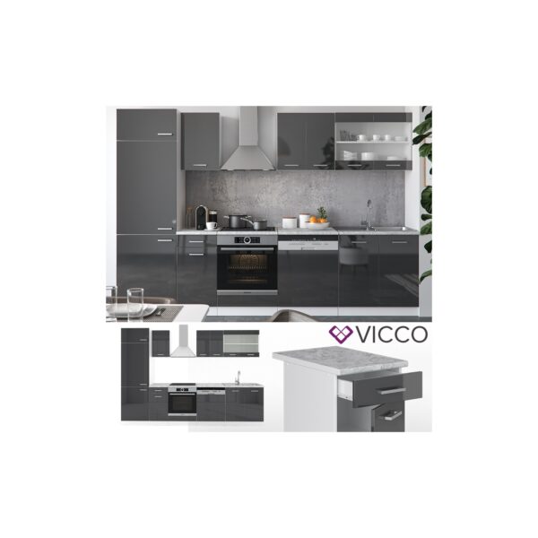 VICCO KÜCHE R-LINE 300CM KÜCHENZEILE KÜCHENBLOCK EINBAUKÜCHE ANTHRAZIT HOCHGLANZ