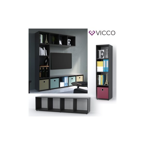 Vicco Raumteiler 4 Fächer Schwarz 144 x 36 cm - Standregal Hängeregal Regal TV Lowboard Sideboard