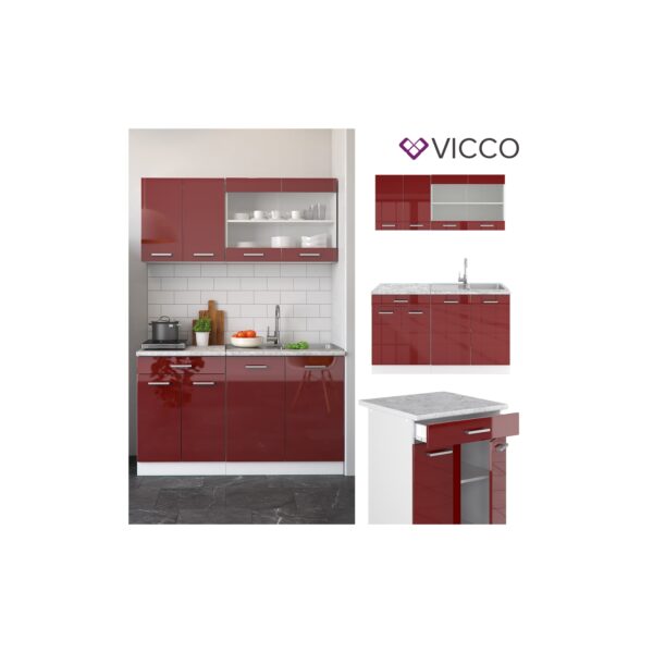 VICCO Küchenzeile SINGLE Einbauküche 140 cm Küche Rot Bordeaux Hochglanz R-LINE